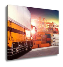 Load image into Gallery viewer, Gallery Wrapped Canvas, Container Truck In Shipping Port Container Dock And Freight Cargo Plane Flying