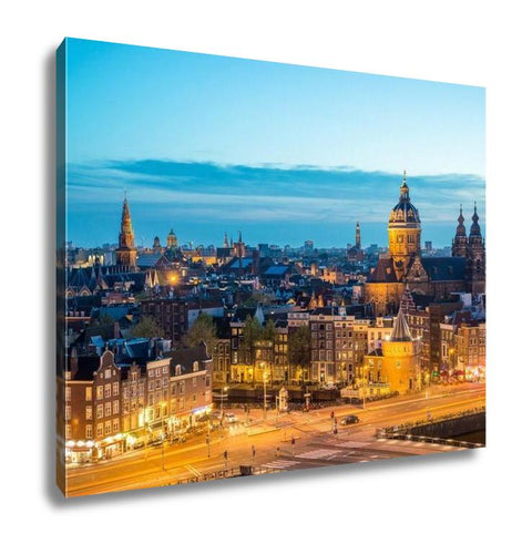 Gallery Wrapped Canvas, Amsterdam Skyline In Historical Area At Night Amsterdam Netherlands Ariel View