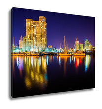 Load image into Gallery viewer, Gallery Wrapped Canvas, Marina And Apartment Building At Night In Baltimore Maryland