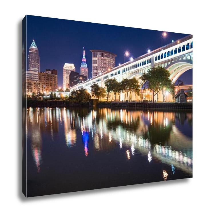 Gallery Wrapped Canvas, Cleveland City Skyline And Detriotsuperior Bridge At Night Across The Cuyahoga
