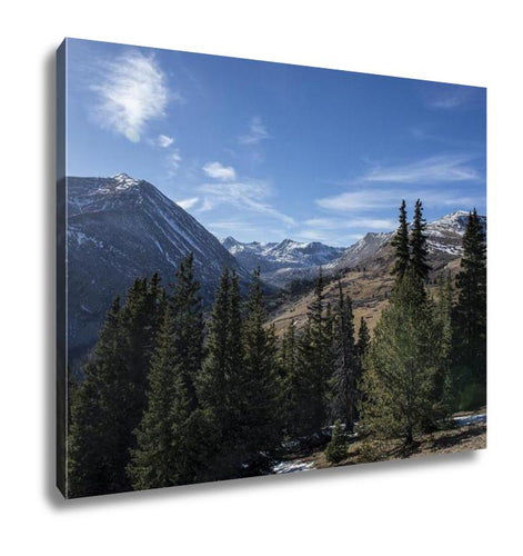 Gallery Wrapped Canvas, Blue Sky With Snow Capped Mountains And Evergreen Trees