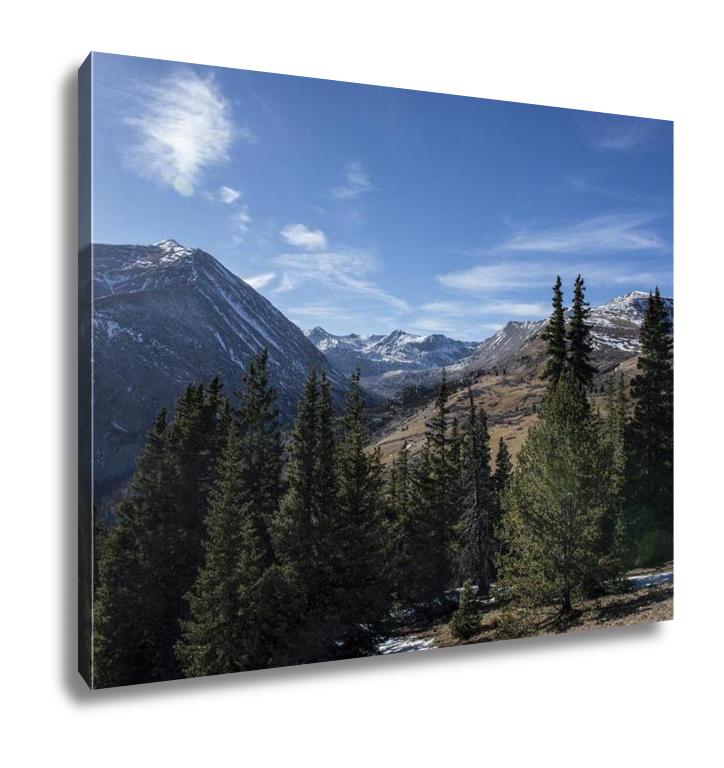 Gallery Wrapped Canvas, Blue Sky With Snow Capped Mountains And Evergreen Trees