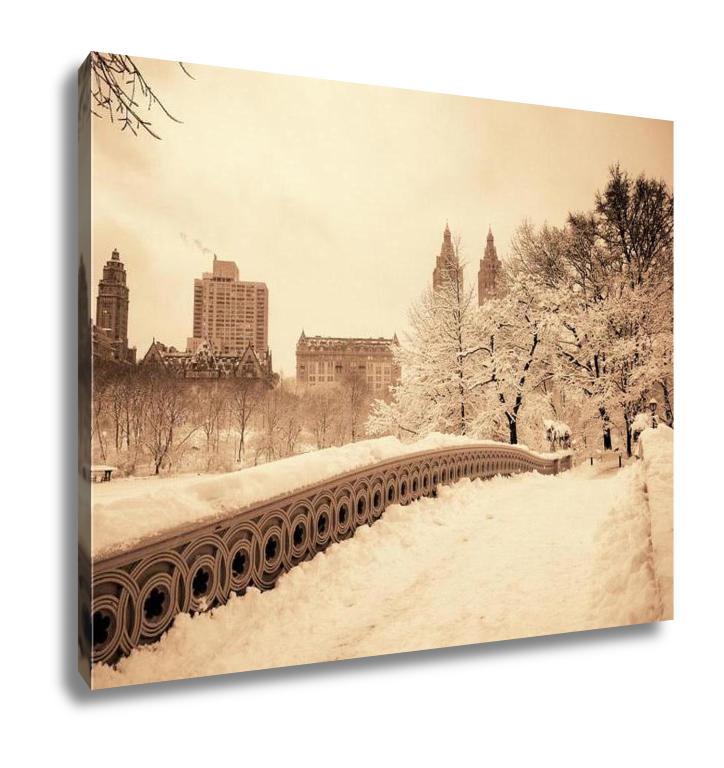 Gallery Wrapped Canvas, Central Park Winter With Skyscrapers And Bow Bridge In Midtown Manhattan New