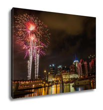 Load image into Gallery viewer, Gallery Wrapped Canvas, Pittsburgh Pa River View Skyline At Night With Colorful Firework